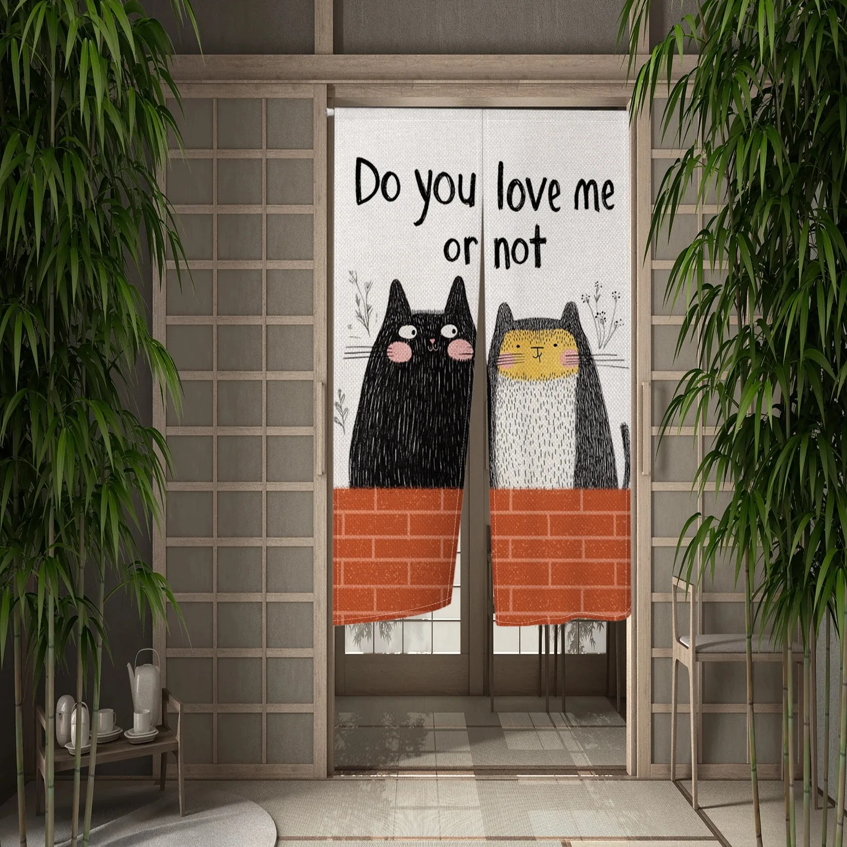 VIKAMA Niedlicher Türvorhang mit Katzenmotiv, kurzer Türvorhang im japanischen Stil, Sichtschutzvorhang für Schlafzimmer und Badezimmer, Heimdekoration Image