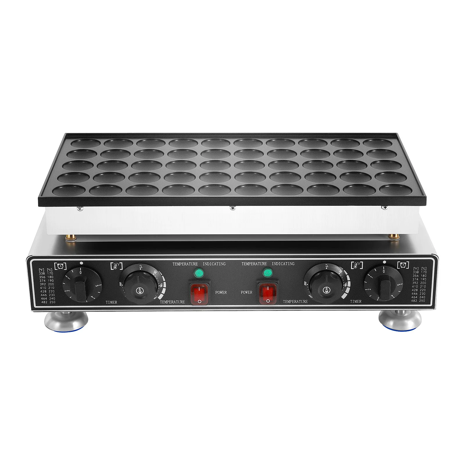 1800W 50-Loch Muffin-Maschine aus Lebensmittelechtem Edelstahl mit Antihaft-Backplatte 50-300 ℃ Einstellbare Temperatur, 1–5 Minuten Timer, zwei Steuerzonen, Überhitzungsschutz, kommerzieller Image