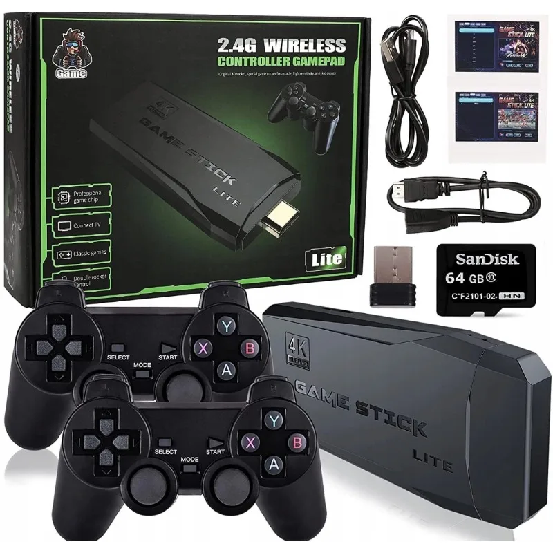 M8 HDMI HD TV-Spielkonsole – Inklusive 2x 2,4G Wireless-Controller und einer 64GB Speicherkarte (mit über 20.000 Spielen und Unterstützung für 23 Sprachen). Erleben Sie Ihre Kindheitserinnerungen Image