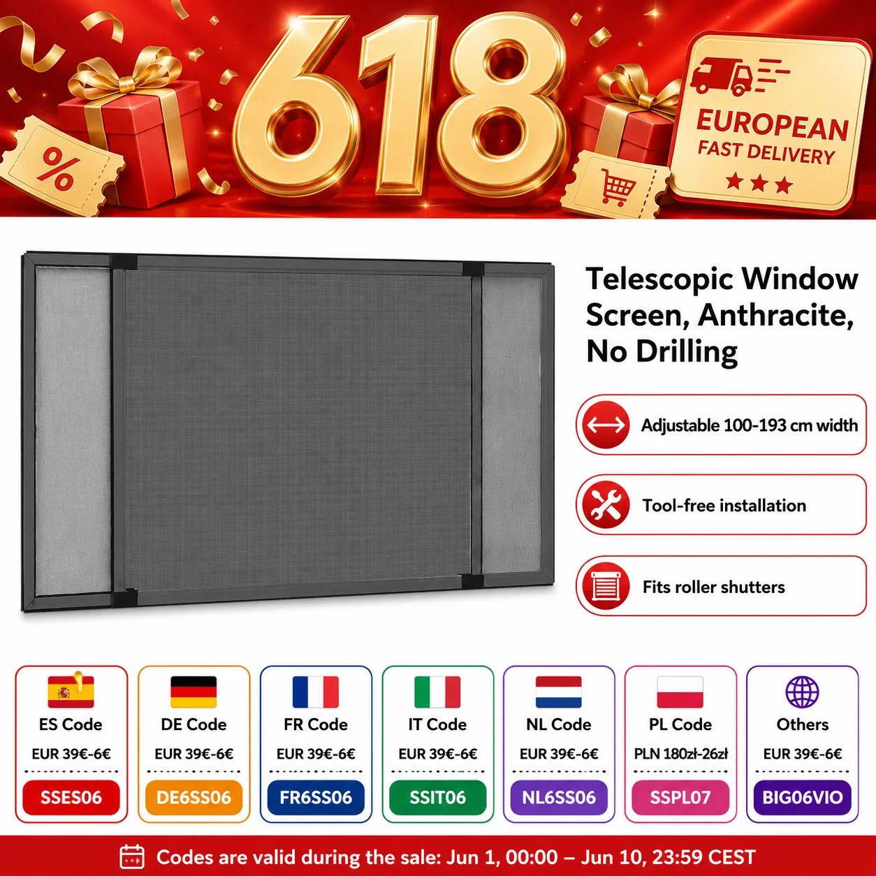 Teleskopisches Fenstergitter, Anthrazit (100-193)x75 cm, Aluminiumrahmen, Fiberglasnetz, Verstellbares Insektenschutzgitter für Fenster mit Rolladen, Kein Bohren Erforderlich