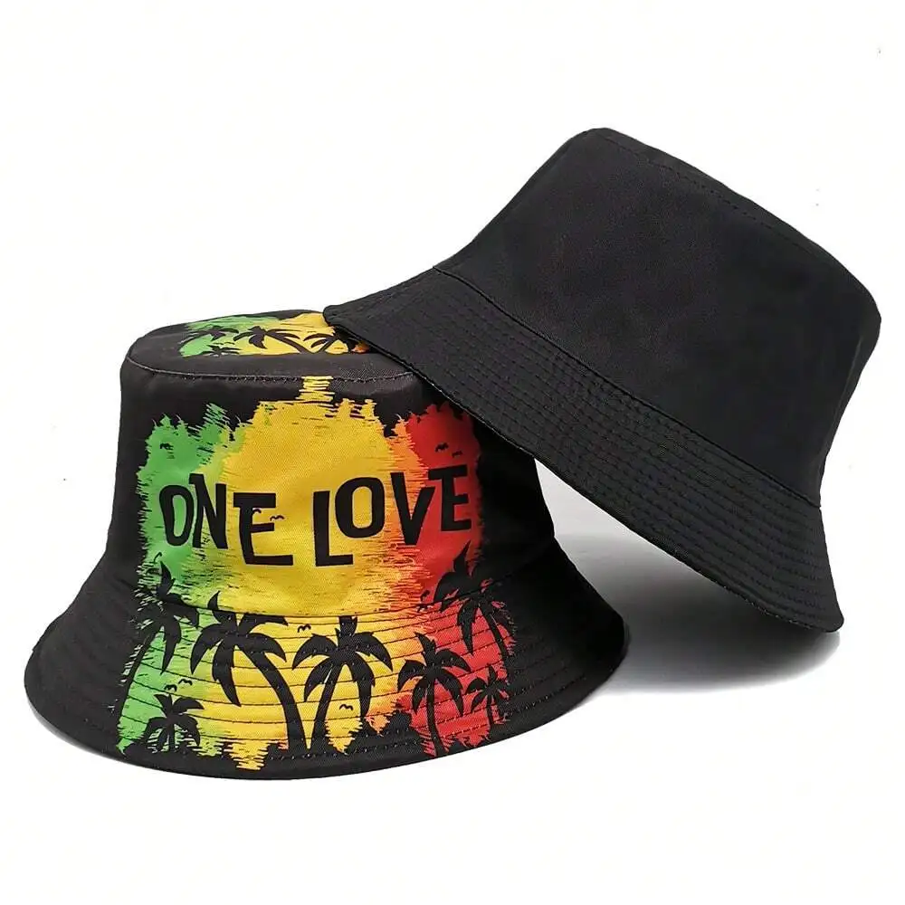 One Love Bucket Hat mit Kokosnussbaum-Print, Unisex, wendbar, Hip-Hop, Reisen, Urlaub, Strand, Sonnenhut, Herren-Sonnenhut, Sommerhut