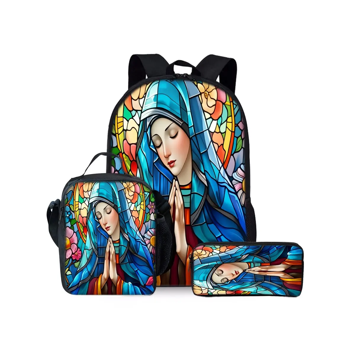 Dreiteiliges Rucksack-Set mit Jungfrau-Maria-Aufdruck für Jungen und Mädchen Beste Geschenke 2D Flacher Cartoon-Schulranzen für Kinder Image