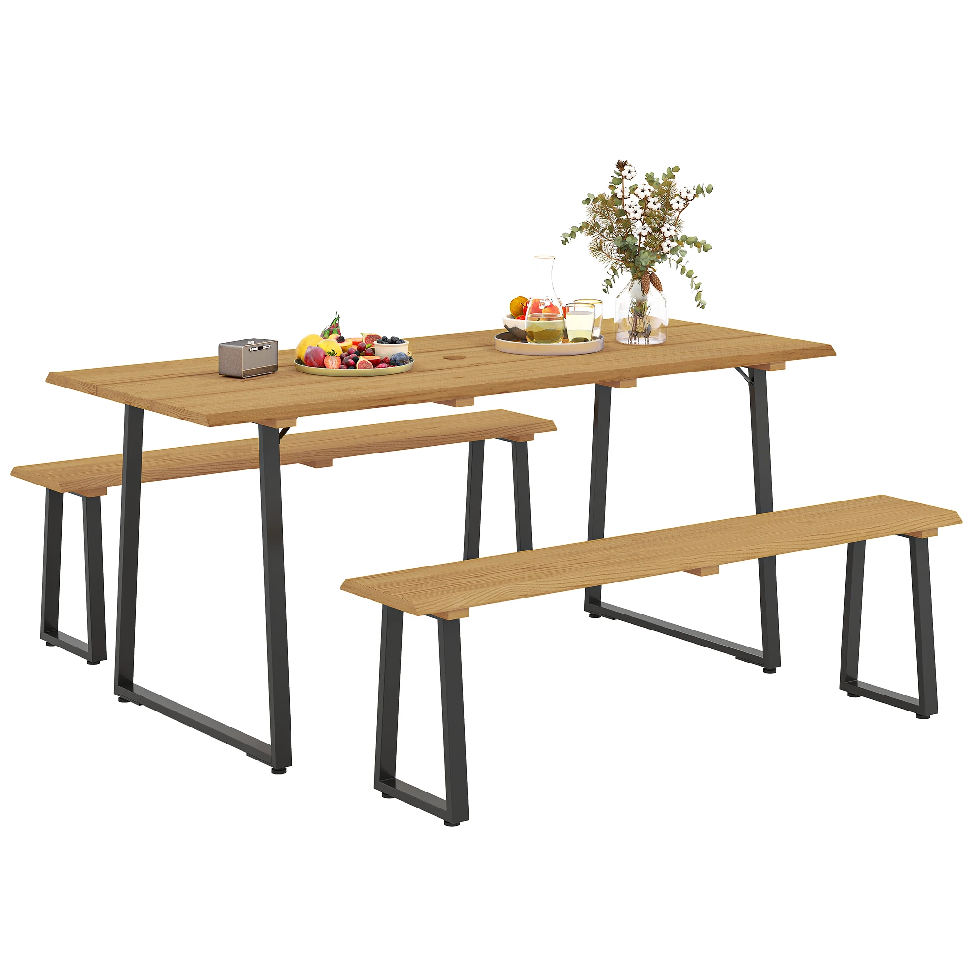 3-teiliges Holz-Essgruppen-Set für 6 Personen, 178x76x77 cm Tisch mit 2 Bänken, Naturholz, Sonnenschirmloch, Gartenmöbel Image