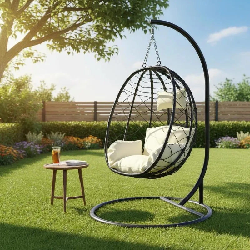 Hängesessel in Ei-Form mit Kissen, cremeweiß, Polyrattan und Stahl