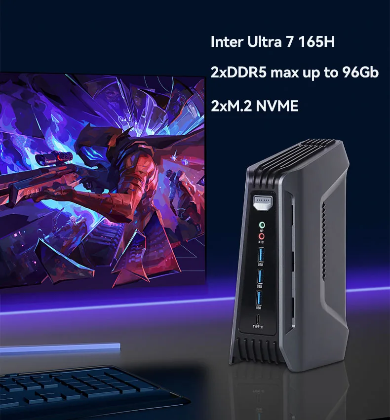 Intel Core Ultra7 155H Gaming Mini-PC 2xDDR5 2xM.2 NVME 2x2.5G LAN 3xUSB3.2 1xThunder4 TYPE-C Unterstützt WLAN BT Linux Computer