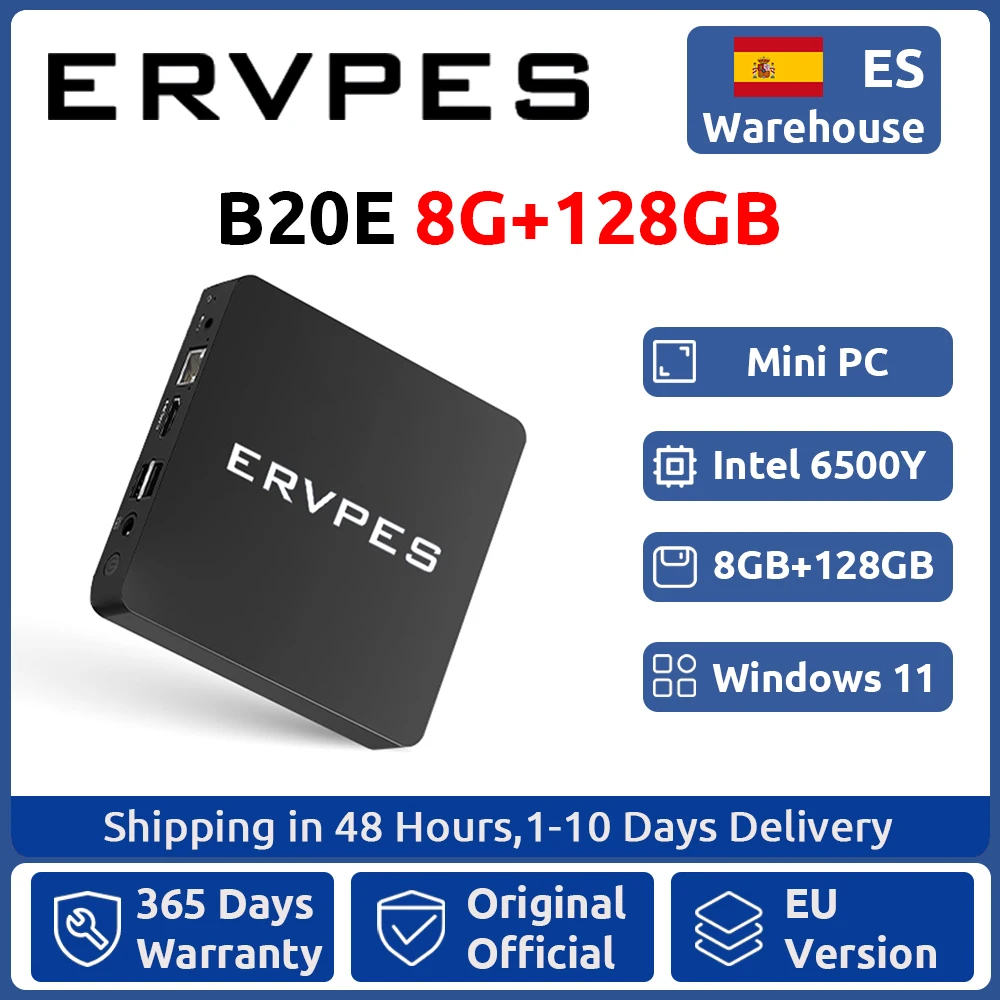 ERVPES Mini-PC B20E Windows 11 Pro 8GB RAM 128GB SSD Intel 6500Y Micro-Desktop-Computer Dual-Band WLAN Mini-PC
