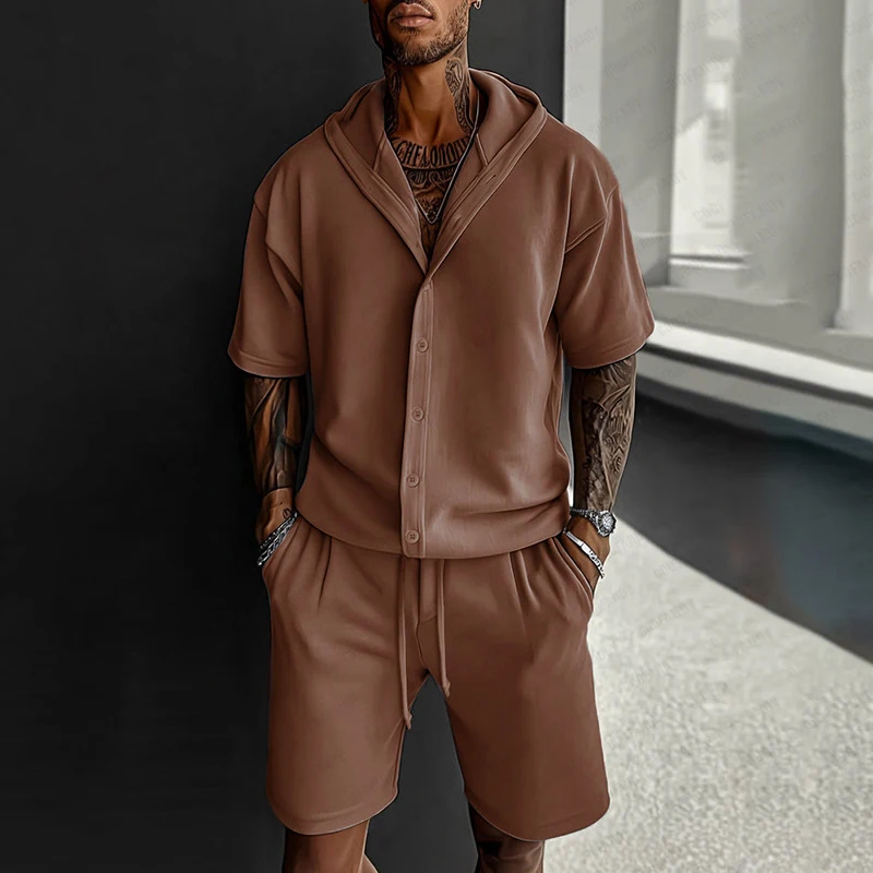 Vintage Kurzarm Zweiteiler für Herren 2026 Sommer Lässige Loose-Fit Hoodie und Shorts Outfits Modische Einfarbige Sets Image