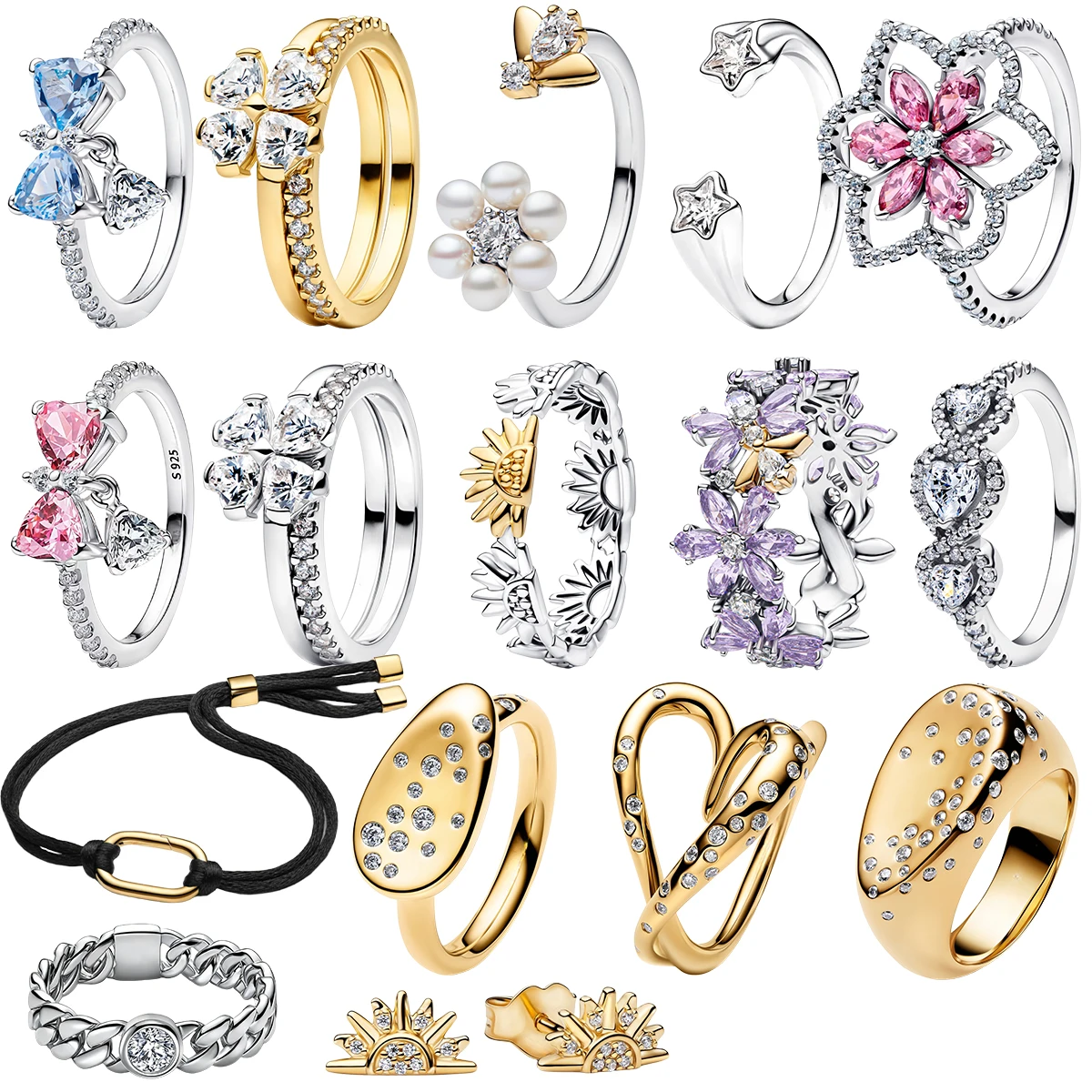 Neue 925 Sterling Silber Mode Plattierte Pavé Blumen Schleife Goldener Schmetterling Kleeblatt Band Ringe Kordelarmband mit Edelsteinbesatz Feiner Schmuck Image