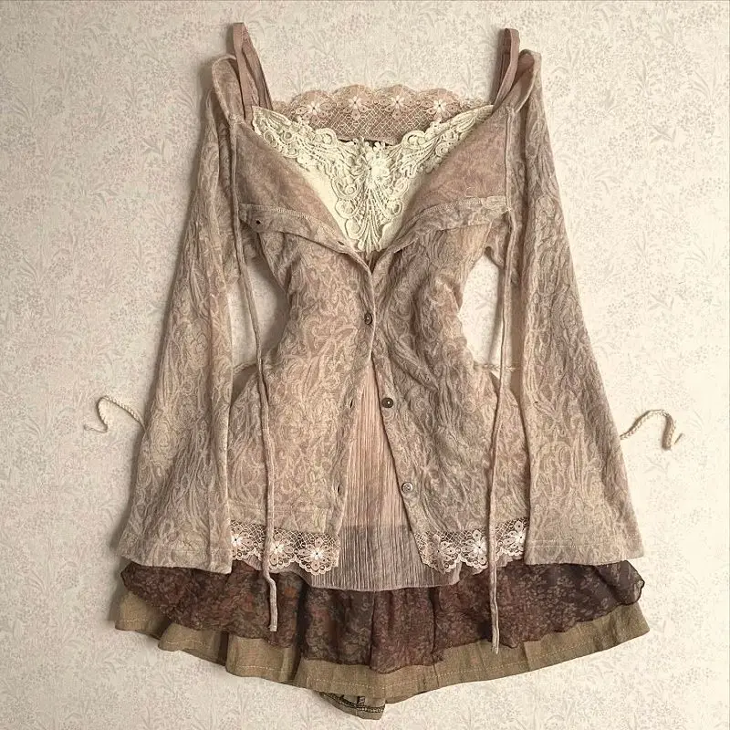 Damen Y2K Vintage Spitzen-Patchwork-Kleid Zweiteiliges Set Sommer Elegante Retro-Strickjacke + Süßes Modisches Ärmelloses Schmales Minikleid Image