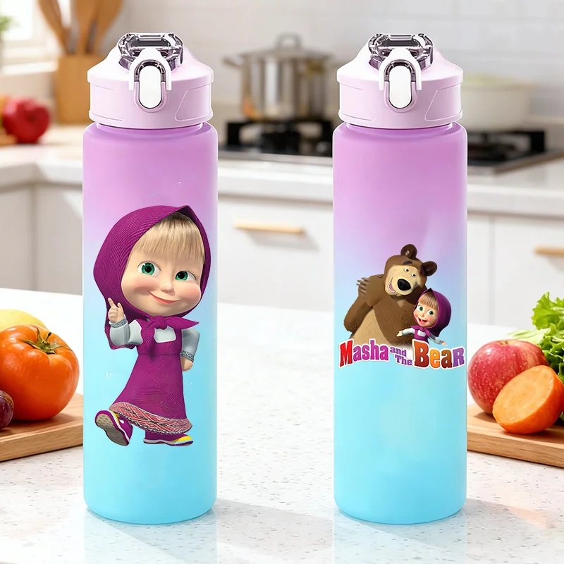 Mascha und der Bär Trinkflasche mit Strohhalm, Cartoon-Design, tragbar, für Outdoor-Sport und Fitness, für Männer und Frauen, 750 ml, mit Zeitmarkierung, Trinkflasche, Wasserbecher, Geschenk Image