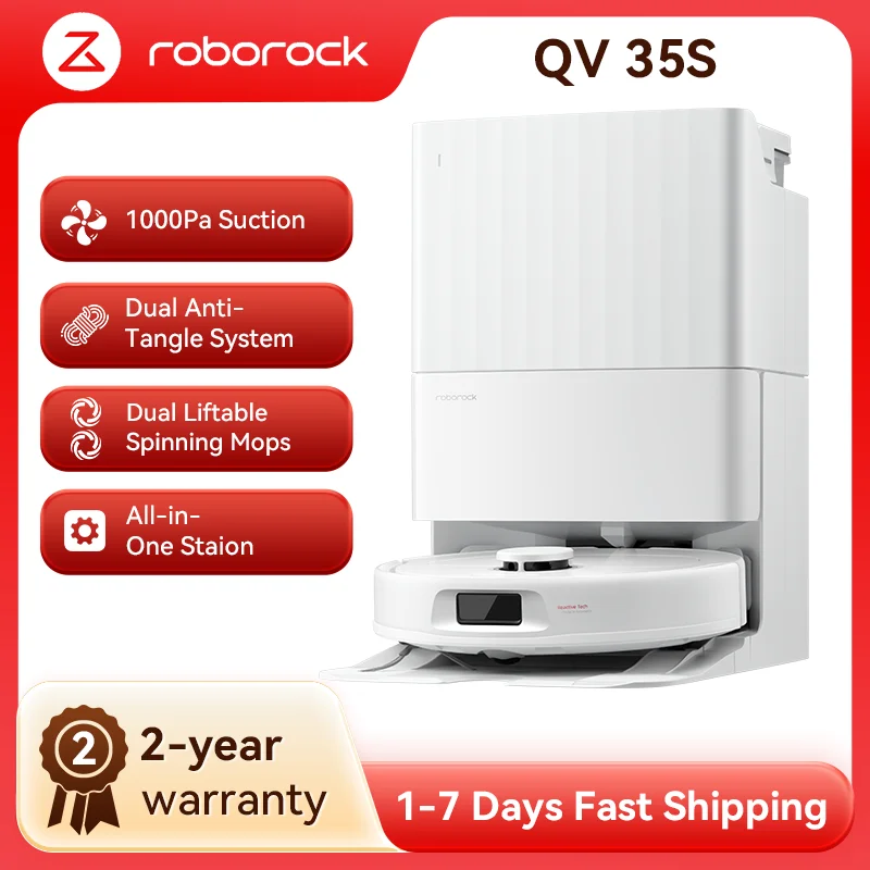 roborock QV 35S(Upgrade von Qrevo plus)Robot Vacuum Cleaner,1000Pa Suction,Anti-Tangle-Bürsten,Anhebbare Schleudermopps,Intelligente Hindernisvermeidung,Multifunktion dockbase Image