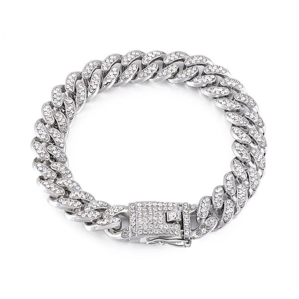 Luxury Rhinestone Dog Chain Collar Stainless Steel Bling Pet Necklace For Dogs & Cats silver 21.65 In