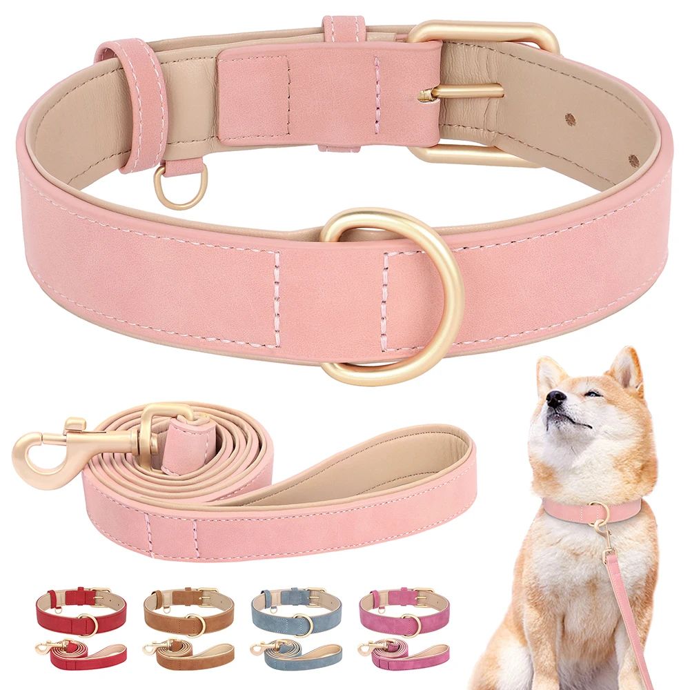 Soft Padded PU Leather Dog Collar & Leash Set Adjustable Walking Lead For Small, Medium & Large Dogs red Collar m