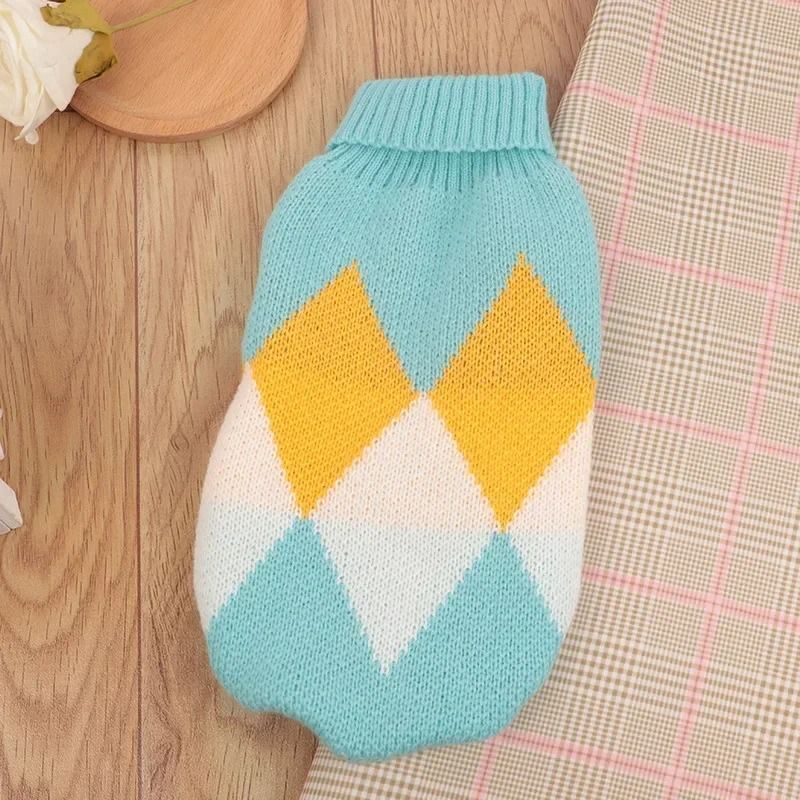 Turtleneck Knitted Christmas Argyle Cat Jumper Sweater yellow Blue l
