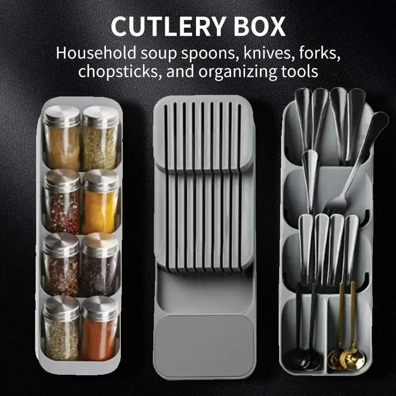 Kitchen Drawer Cutlery Storage Tray And Spice Bottle Knife Block Organizer fork Spoon Storage