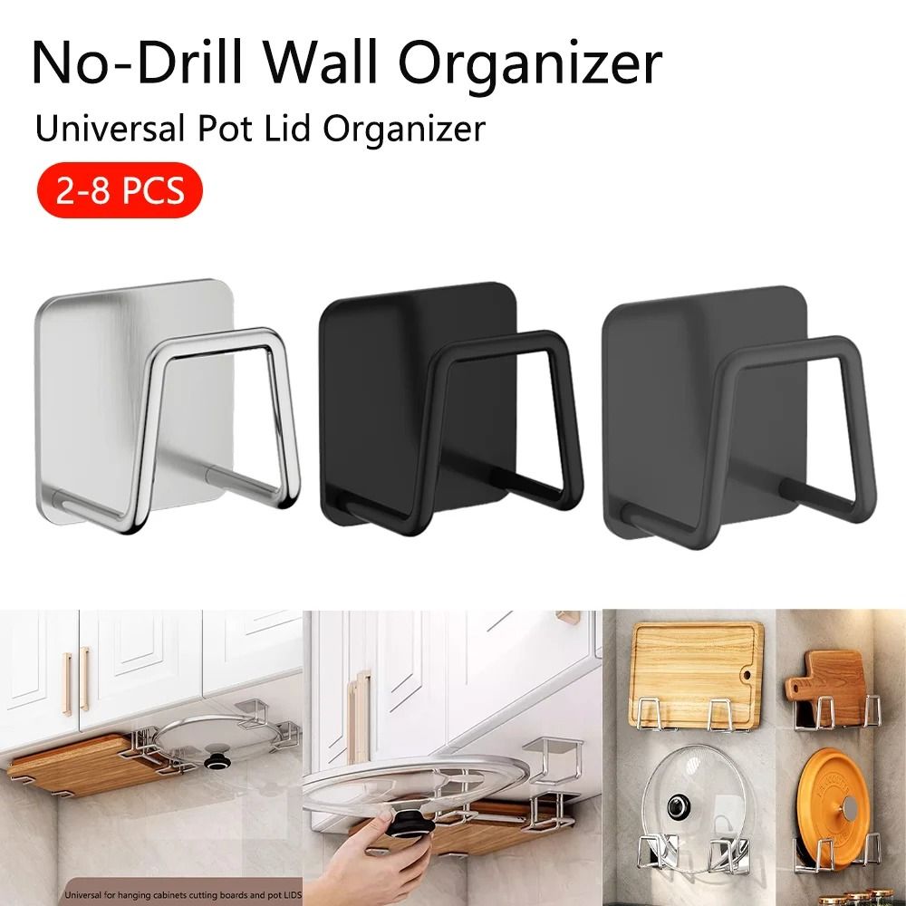 Wall Mounted Pot Lid Holder And Cutting Board Rack Set Space Saving Kitchen Organizer black 8pcs