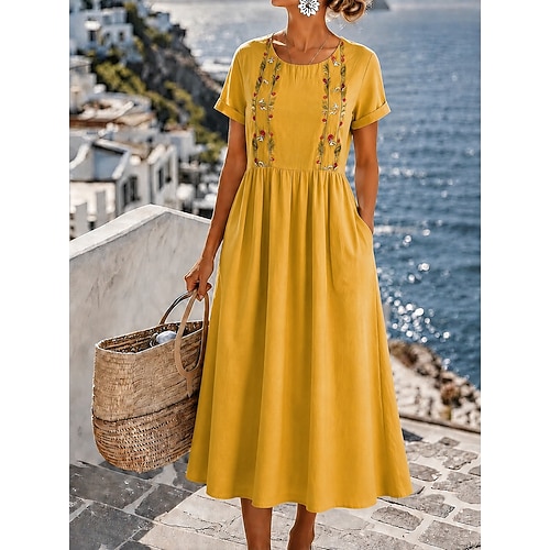 Per donna Abito Midi Vestito Estivo Abito a trapezio Abito aderente e svasato Vacanza Festa Compleanno All'aperto Spiaggia Feste Vestibilità regolare Floreale Manica Corta Girocollo Blu Nero Giallo