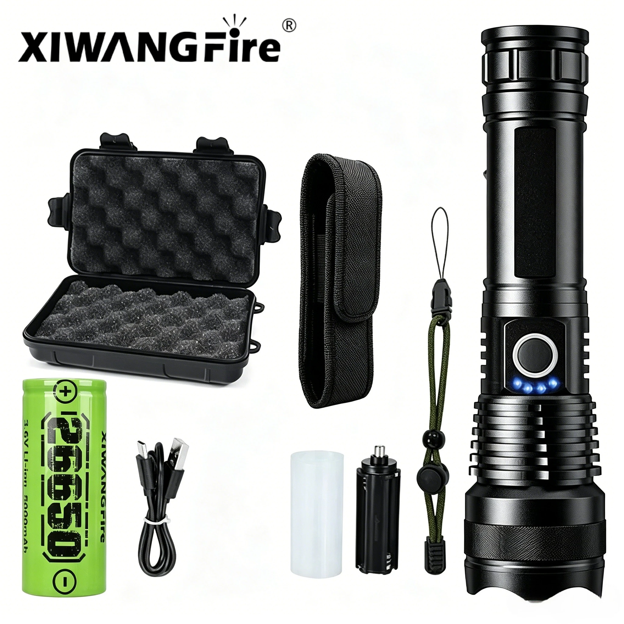Hochleistungs-LED-Taschenlampe Superhelle Aluminiumlegierung USB-Aufladbare Taschenlampe Mit 26650 Akku Zoombare Blitzlichtlampe für die Jagd Image