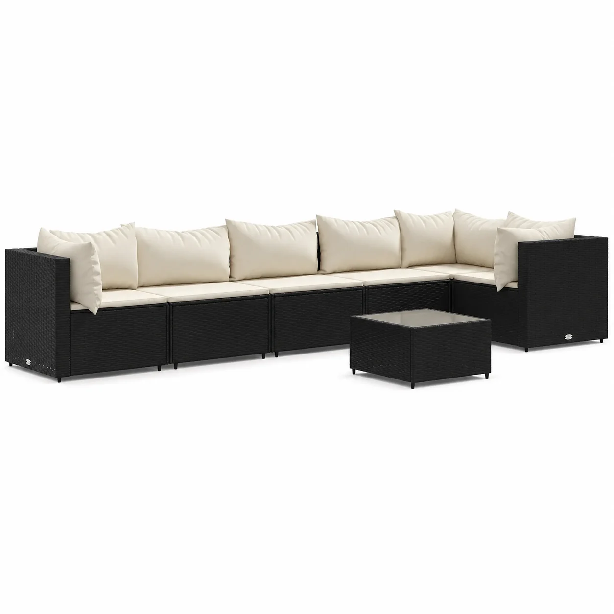 7-teiliges Garten-Lounge-Set mit Kissen, schwarzes Polyrattan, modulare Gartenmöbel für Terrasse, Garten, langlebig und wetterbeständig