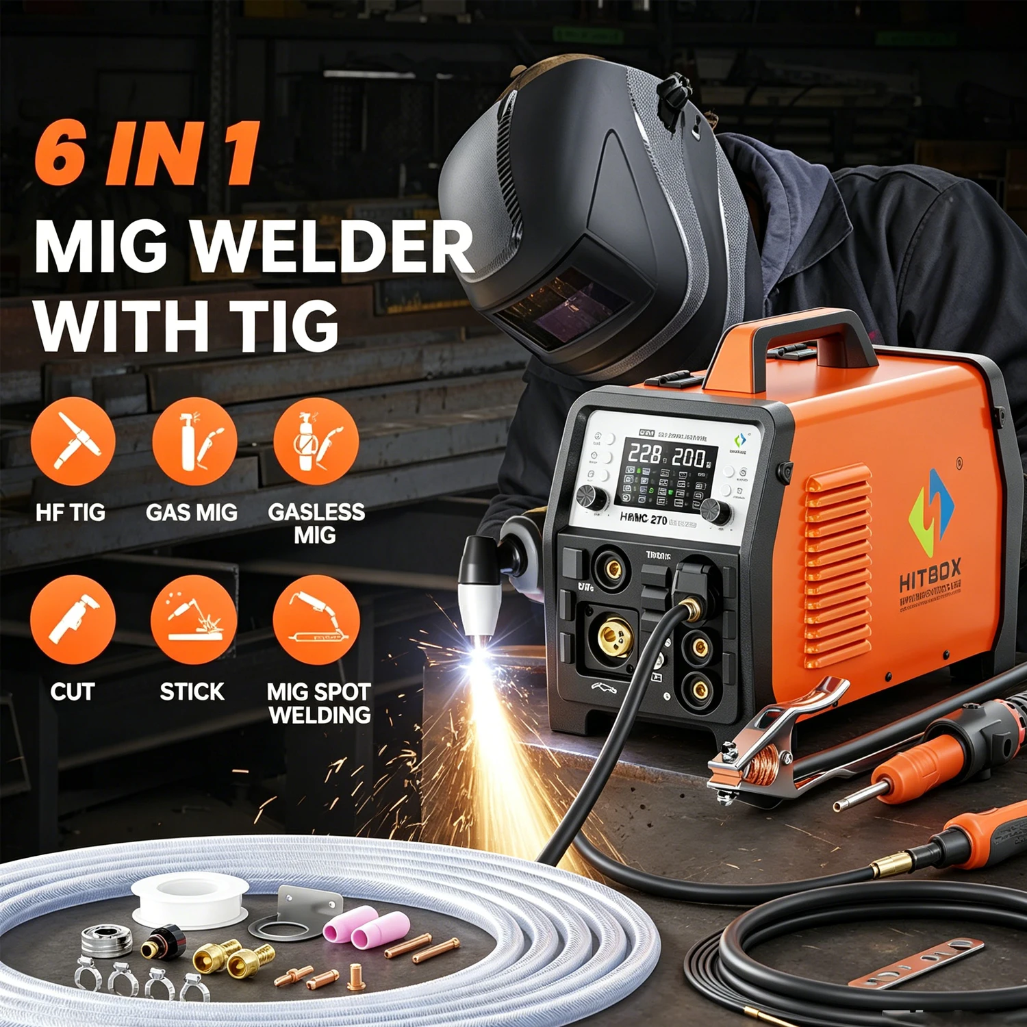 HITBOX HBMC270 6-in-1 Multiprozess-Schweißgerät für Aluminium, MIG, Gas, Gaslos, MMA, HF, TIG, Punktschweißen, Plasmaschneiden, 2T/4T-Funktion, tragbares Inverter-Schweißgerät, 220V Image