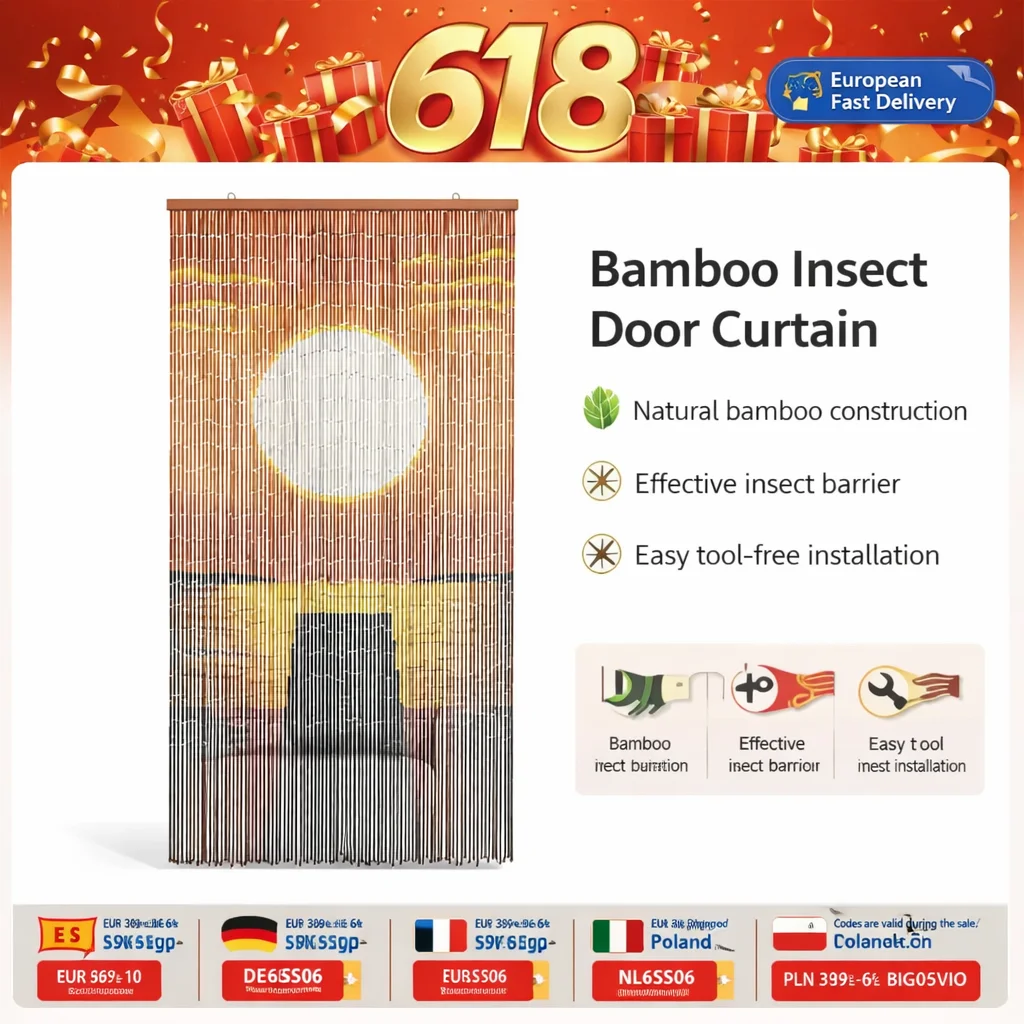 Bambus-Insektenvorhang, 200 x 90 cm, natürlicher Bambus-Perlenvorhang für Türöffnungen, Terrasse, Balkon, dekorativer Insektenschutz mit naturinspiriertem Druck, einfache Montage, reduziert Insekten,