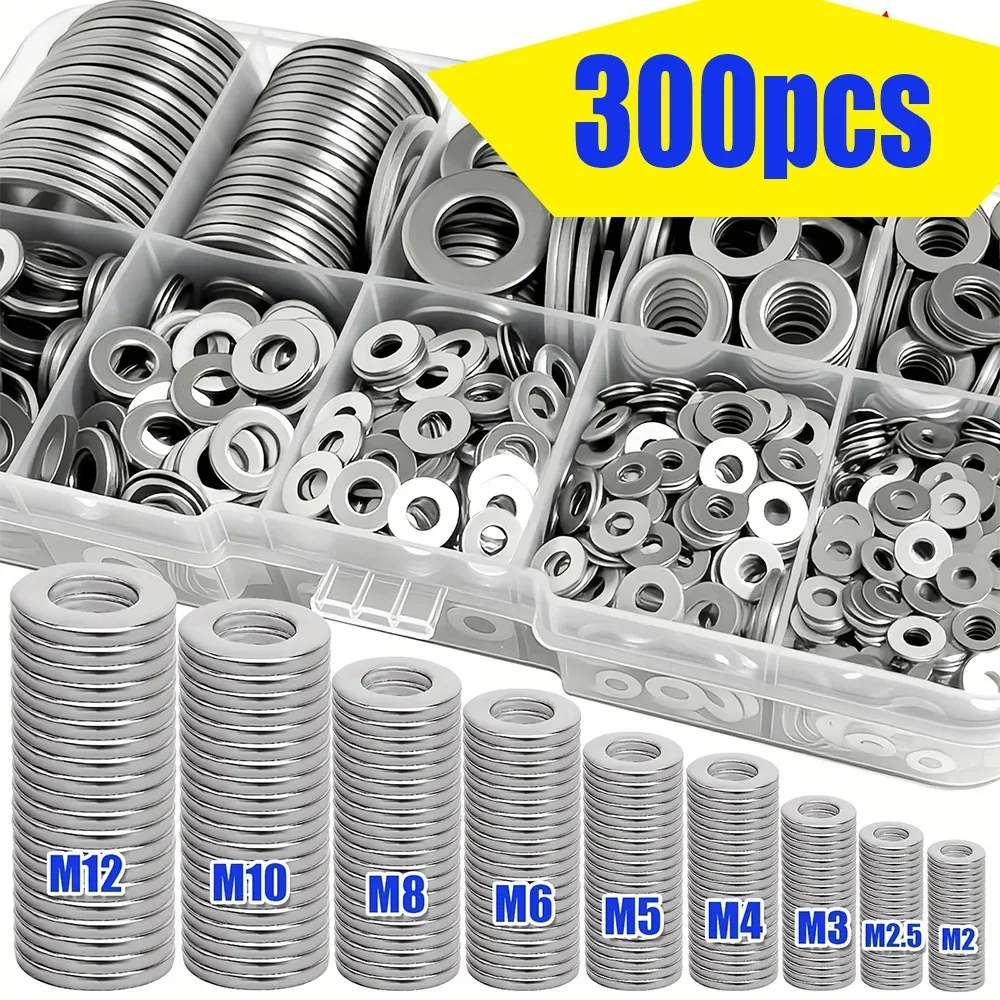 300-teiliges Set aus Edelstahl-Unterlegscheiben M2-M12, für Hauswartung, Industriereparaturen und Wartung von Außengebäuden. Image