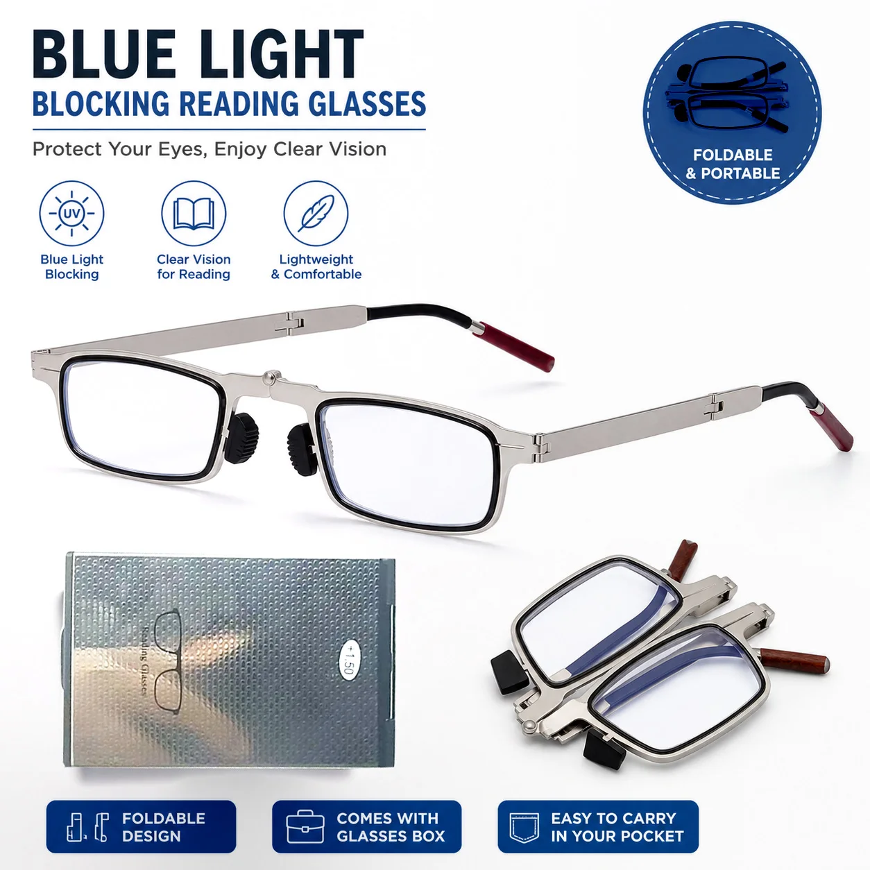 2026 Telefonhalter Faltbare Lesebrille Anti-Blaulicht Korrektionsbrille Tragbare Brille mit Etui +1,0 bis +4,0 Image