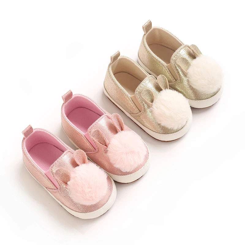 Pre-Walker-Schuhe für Kleinkinder, 0–1 Jahre, Babyschuhe für Mädchen, Slip-On-Schuhe mit Hasen-Pom-Pom, glänzend, weich, Freizeitschuhe