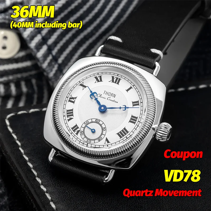 Thorn T002 Business-Uhr Vd78 Quarz-Armbanduhren, Saphirspiegel, klassische Oyster-Antik-Quadratuhr für Herren und Damen, Paaruhren