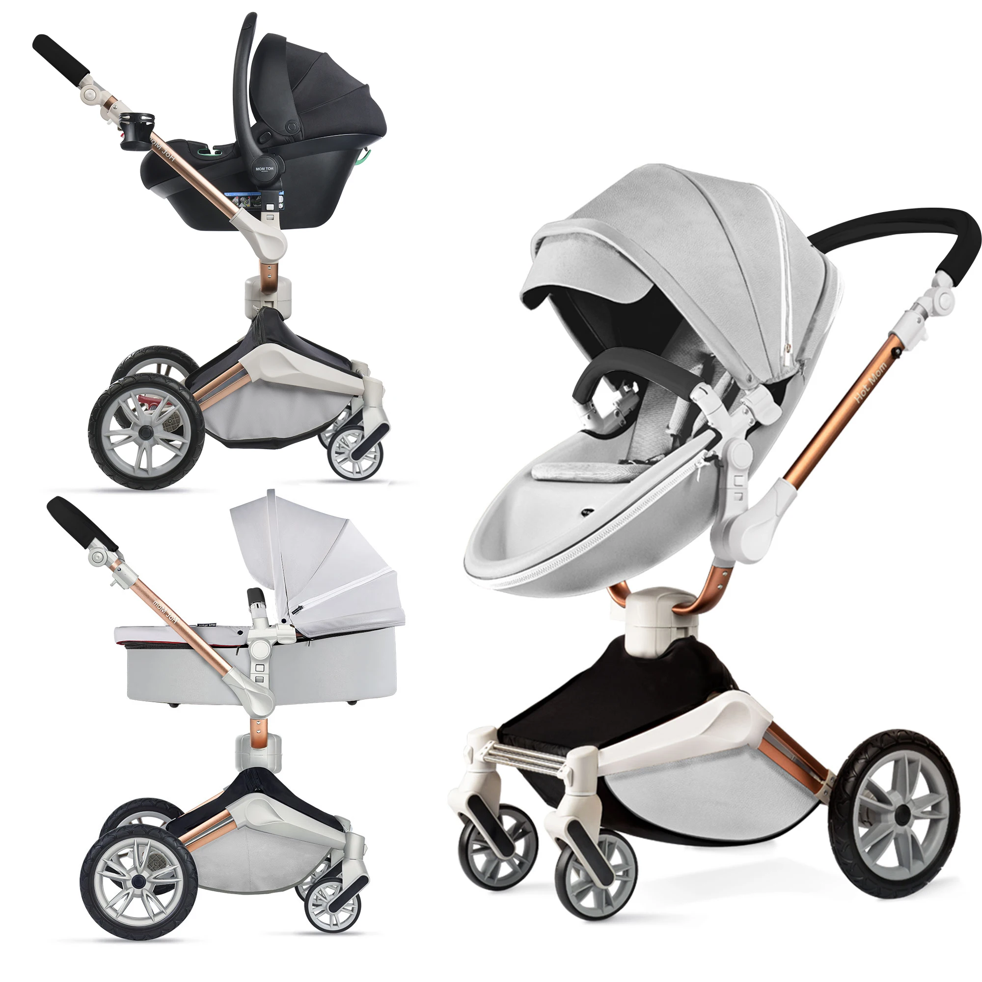 Hot Mom 360 Drehbar Kinderwagen Kombikinderwagen in Grau mit Babywanne/Sportwagen/Auto-Babyschale versandet im Paket Nr.2. Image