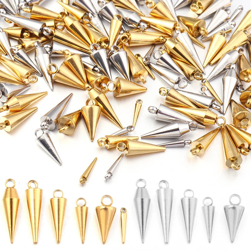 10 Stück/Lot Edelstahl-Kegelanhänger in Goldstahlfarbe, kugelförmige Charms für die Schmuckherstellung, DIY-Halskette, Armband, Ohrring-Zubehör Image