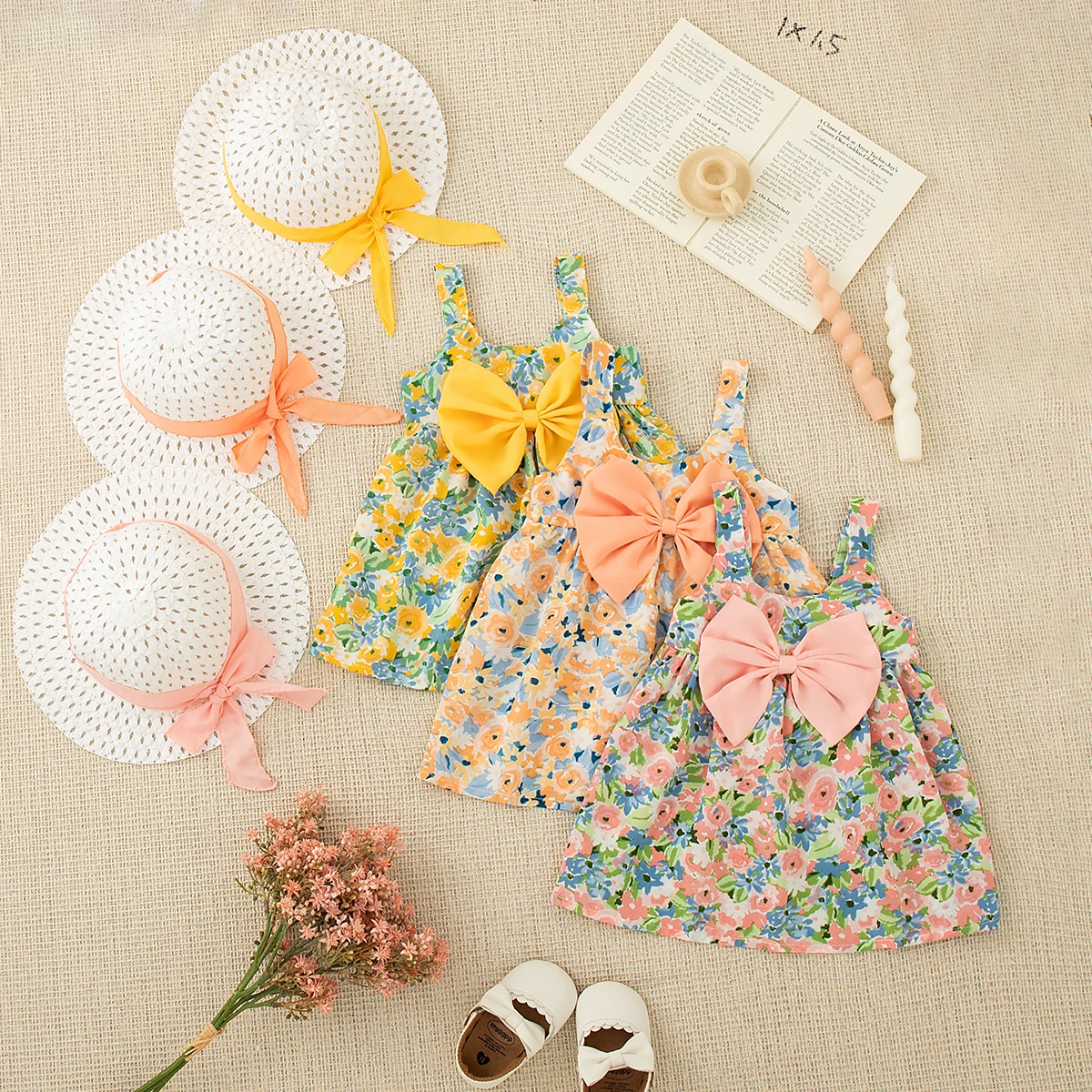 Mädchenkleider Sommer Baumwolle Schleife Volldruck Trägerkleid Baby Mädchen Kleid Cartoon Niedlich Strand Baby Mädchen Kleidung Mit Hut Image