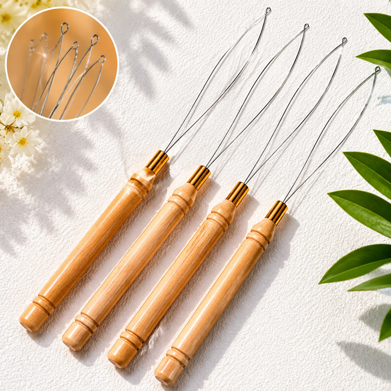 DIY-Häkelnadel mit Holzgriff und Schlaufenfädler für Haarverlängerungen, Perlen, Federverlängerungen und Zöpfe Image