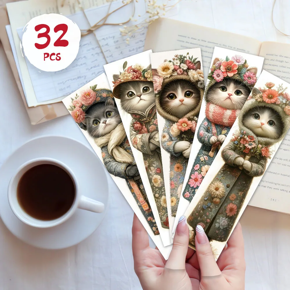 32 Stück, lustige Lesezeichen mit Katzenmotiv, Weihnachten, Lehrergeschenk, Geschenke zum Schulanfang, kreative künstlerische Designs Image