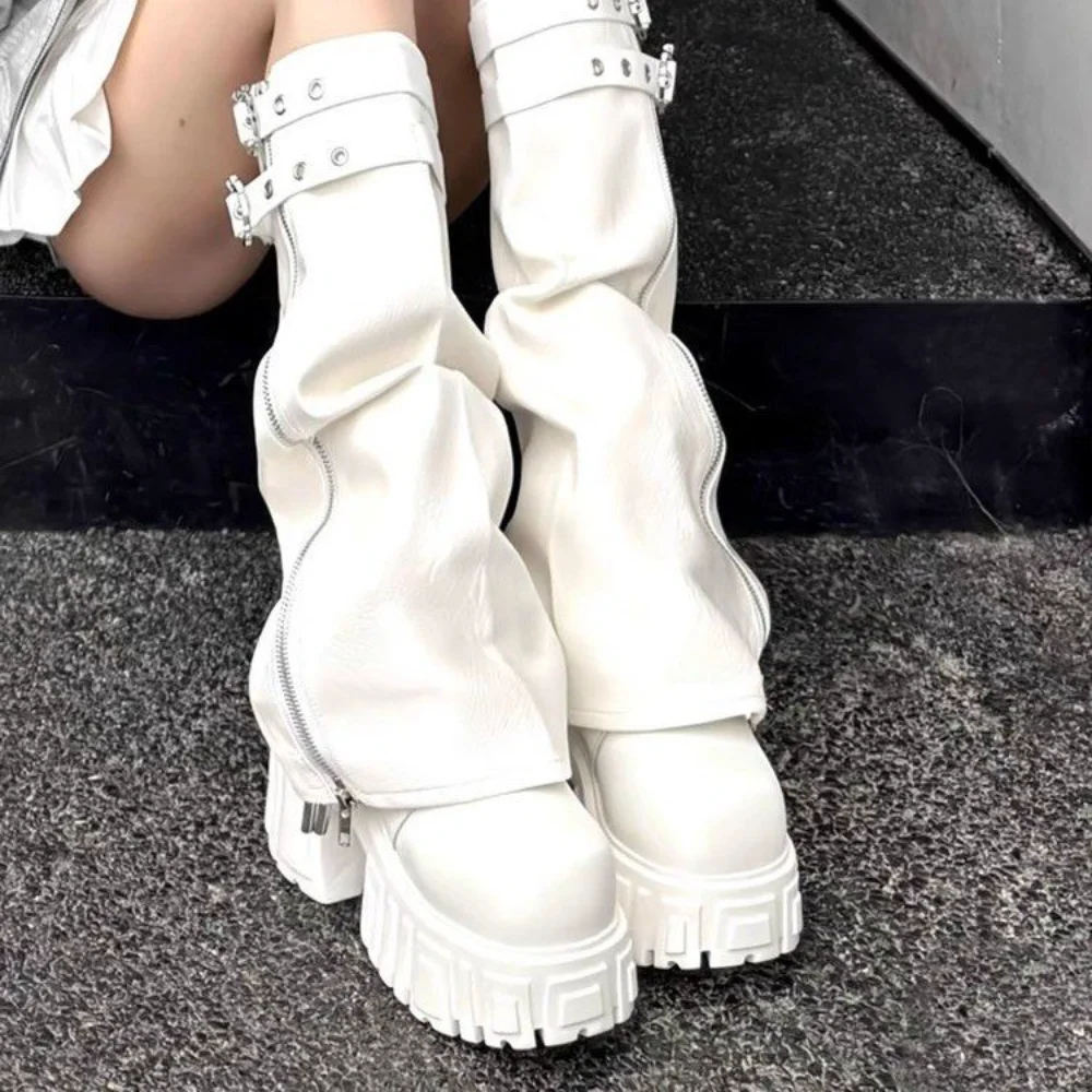 Weiße Abnehmbare Plateau-Kampfstiefel für Damen, Punk-Style Slouchy Kniehohe Schuhe, Bequemes Schuhwerk für Street Style
