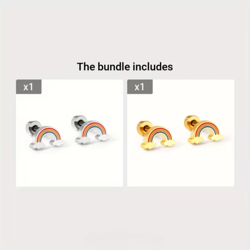 1 Paar niedliche minimalistische Ohrstecker im Regenbogen-Design, Edelstahl, tägliches Geschenk für Mädchen, Ohrschmuck-Accessoires, für Teenager Image