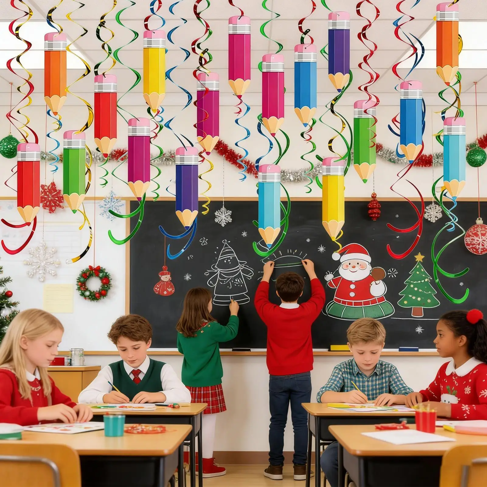 Wirbel-Dekorationen, bunte Bleistift-Ornamente, Banner zum Aufhängen, Klassenzimmer-Dekoration für Lehrer, Schule, Klassenzimmer, Zuhause, Kindergeburtstag Image