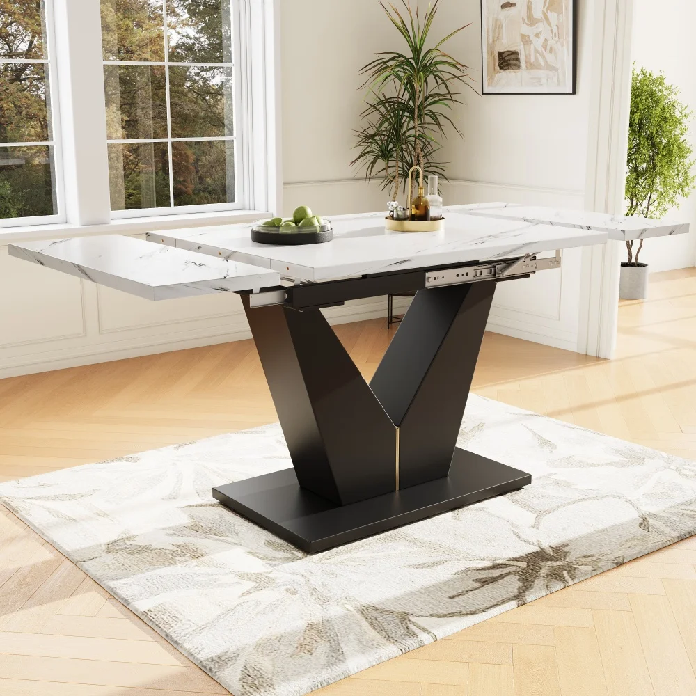 Teleskop-Esstisch (99-159×75cm), ausziehbarer Esstisch, platzsparender Küchen-Esstisch, breite Arbeitsfläche, flexibles Design, geeignet für Homeoffice und Wohnzimmer, weiße Tischplatte mit V-förmigem