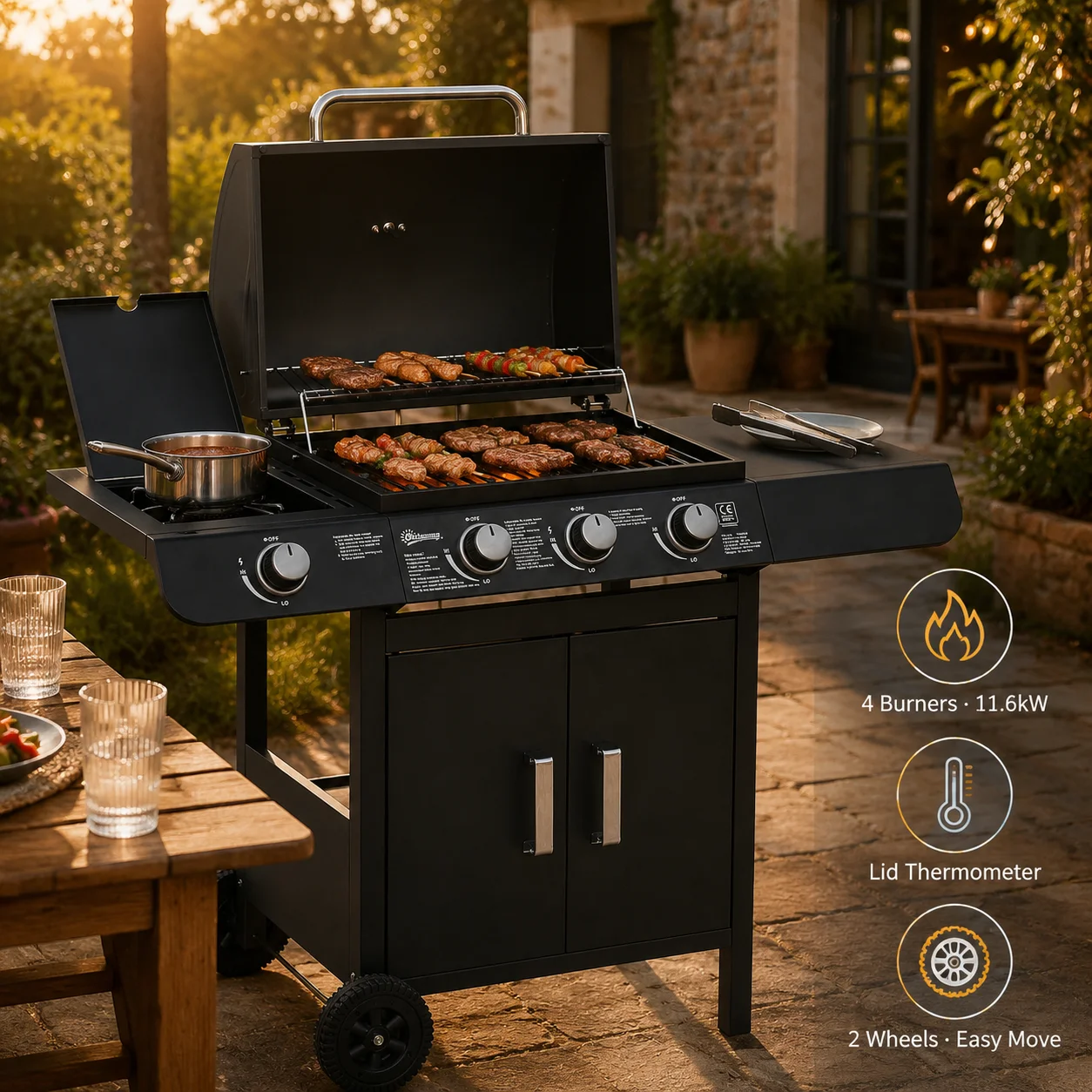 Gasgrill mit Deckel, 4 Brenner 11,6 kW, Seitenbrenner und Ablage, 2 Räder, 110x50x100cm, Schwarz, pulverbeschichteter Stahl, für Grillabende im Freien mit Freunden und Familie Image