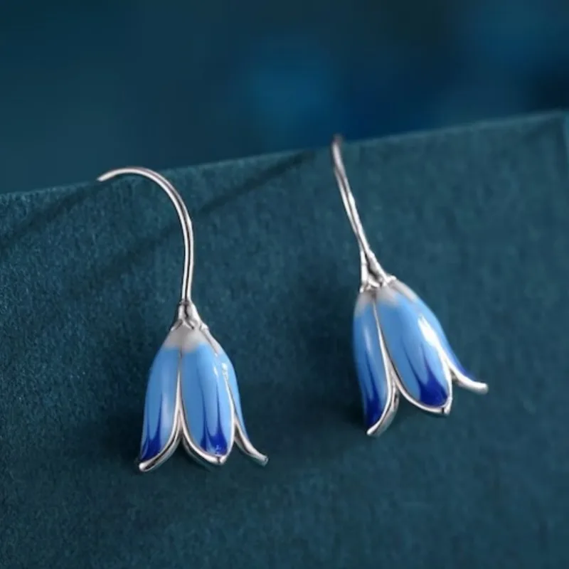 Modische blaue Blumen-Anhänger-Ohrringe, Vintage Bohemia Ethno-Blatt-Ohrringe für Damen, lange Quasten-Ohrhänger, Ohrschmuck Image