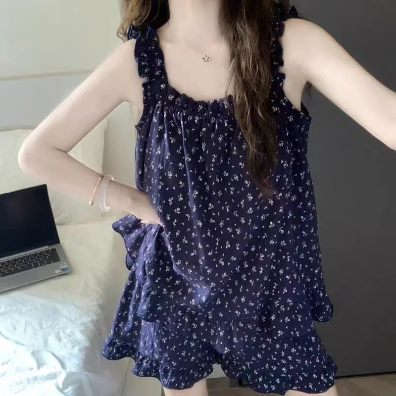 Pyjama im pastoralen Stil mit kleinem Blumenmuster und Shorts mit Brustpolstern für Damen, süße, lockere, süße Mädchen-Sommer-Loungewear Image