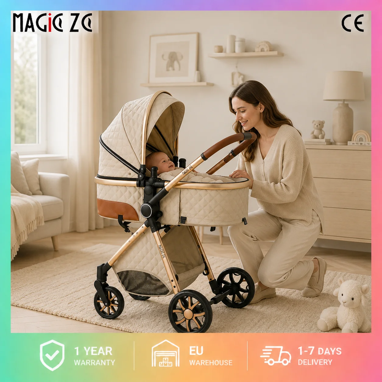 Magic ZC Premium 3-in-1 Kinderwagen-Reisesystem, kompakt faltbarer Kinderwagen mit Babywanne, Autositz und umkehrbarem Sitz, Hochlandschafts-Kinderwagen, All-Terrain-Räder, verstellbarer Lenker,