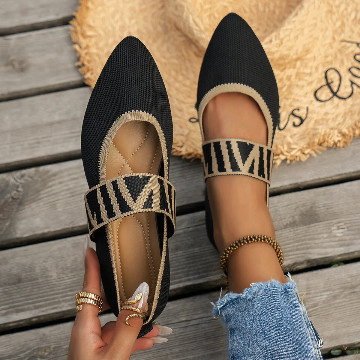Gestrickte, farblich abgesetzte Damen-Flachschuhe, elegante Ballerinas, lässige, gestreifte Riemen, spitze Zehenpartie, Loafer, Damenschuhe für den Alltag, große Größe