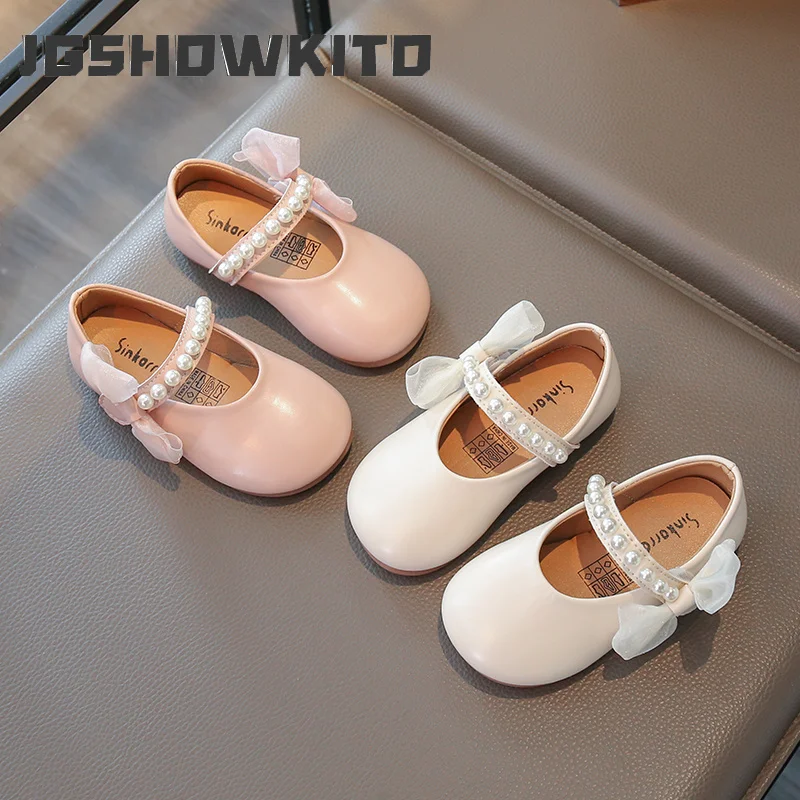 JGSHOWKITO Mädchen-Lederschuhe mit Perlen, Perlenstickerei, Schleifenknoten, Prinzessin, süße, weiche Kinder-Flats für Hochzeit, Party, Beige, Rosa, 21–30