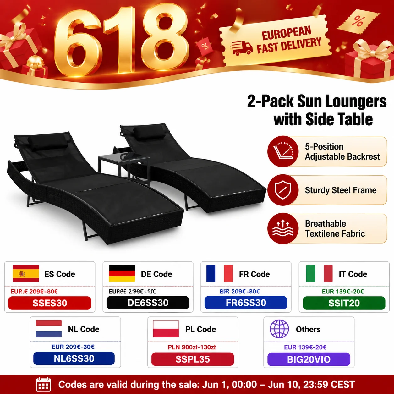 2er-Pack Sonnenliegen mit Beistelltisch, Polyrattan und Textilene, verstellbare Rückenlehne, Outdoor-Liegestühle für Terrasse, Pool, Garten, Schwarz, Stahlrahmen