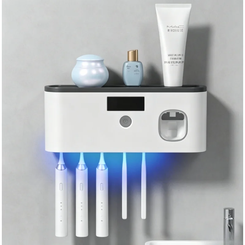 Wandmontierter UV-Zahnbürstensterilisator, automatischer Zahnpastaspender, platzsparender, intelligenter UV-Desinfektor für das Badezimmer Image