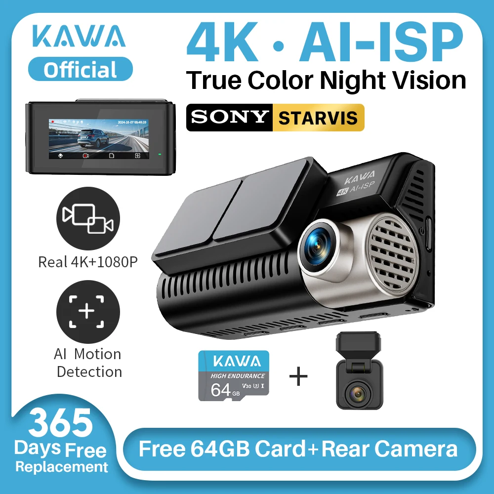 KAWA D11 Front- und Heck-Dashcam 4K WiFi Auto-DVR GPS-Videorekorder AI-ISP Farbnachtsicht Bewegungserkennung, Sony Starvis Dashcam Image