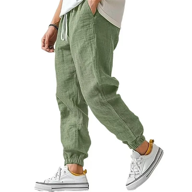 2025 Herren Mode Basic Hip-Hop-Hosen Männliche Knöchellange Hose Übergröße 3XL Herren Lässige Leinen-Jogginghose mit Kordelzug Khaki Weiß