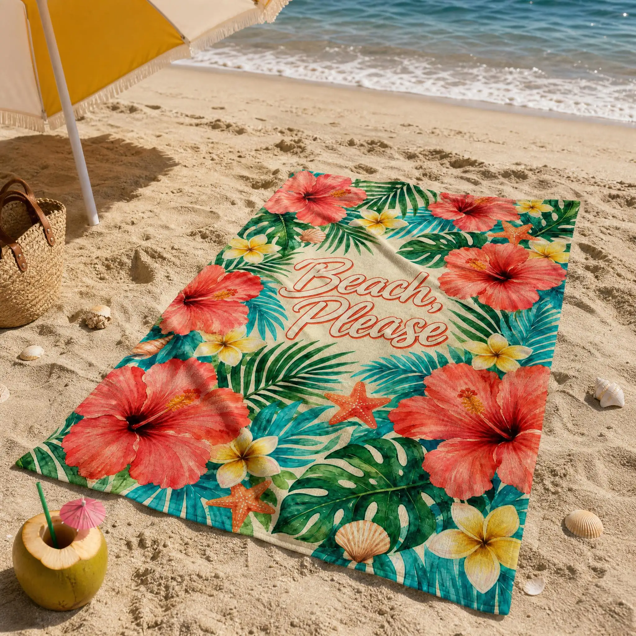 Hawaiianisches Blumen-Strandtuch, "Beach Please" Tropisches Design, Saugfähiges Schnelltrocknendes Handtuch, Perfekt für Sommer-Strandtage, Urlaube Image