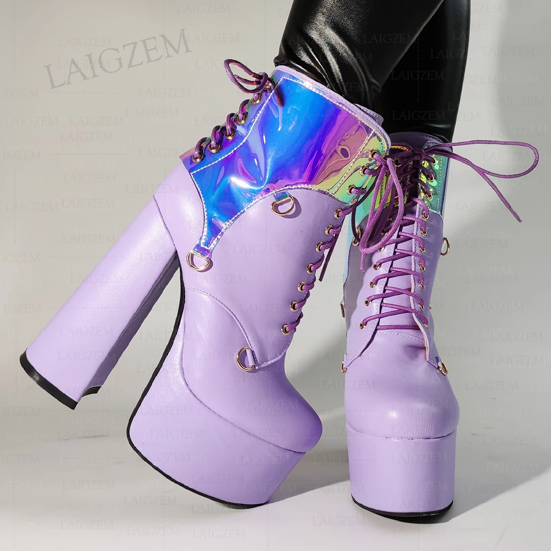 LAIGZEM Damen-Stiefeletten, Kunstleder, Plattform, klobige Blockabsätze, Schnürung, kurze Stiefel, Damenschuhe, große Größe 41, 43, 47 52